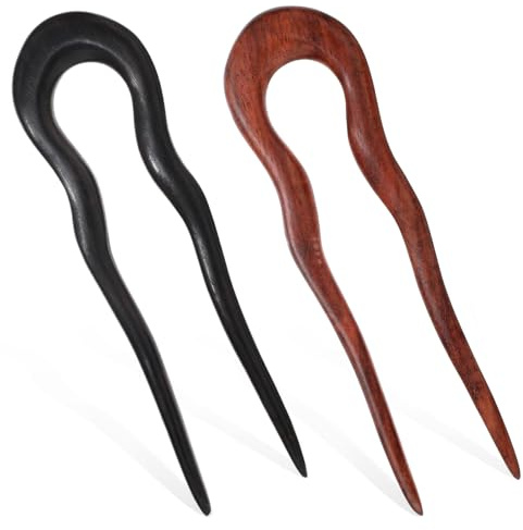 2Pcs Wooden Hair Sticks for Women U Shape Hair Forks for Long Hair Handmade Carved French Hairpin 2-Prong Vintage Wood Hair Pins for Women Girls Chignon Bun Updo Hairstyle Thin Thick Hair