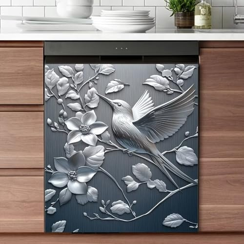 Bird and Flower Brushed Stainless Steel Wallpaper Magnetic Dishwasher Sticker Kitchen Refrigerator Cover Decal Reusable Fridge Panel Decal Decor,23W x 26H inchs Magnetic