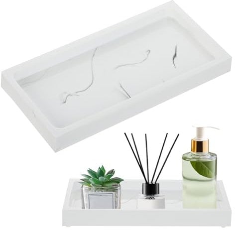 Plateau de Salle de Bain Plateau Marbre Blanc Plateau de Rangement rectangulaire en résine 20,5 x 10,5 x 2,5 cm Design marbré Blanc pour Savon Bijoux cosmétiques Serviettes Papier Bougies et Plus