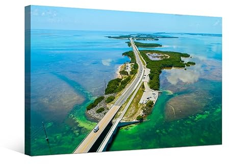 Florida Keys USA Wandkunst 7 Mile Bridge Wandgemälde Luftansicht Beauty-Poster und Drucke Overseas Highway to Key West Island Florida Keys USA Wandkunst für Wohnzimmer, gerahmt, fertig zum Aufhängen