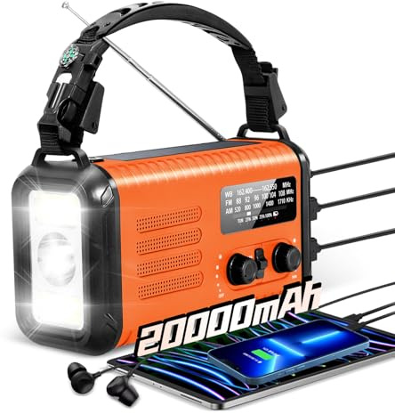 Wind Up Solar Radio, 20000mAh Emergency Hand Crank Weather Radio AM/FM | Battery Powered Radio with Phone Charger, Torch & SOS, Portable for Camping Survivalfor Emergency Survival (Orange)