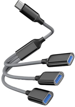 Powice USB C Splitter 1 auf 3, USB C auf USB Adapter Verteiler, 3-Port USB 2.0 Hub Kabel für Datenübertragung und Aufladen, Kompatibel mit Laptop, PC, MacBook, Tablet – Schwarz