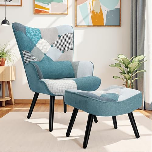 Relaxsessel mit Hocker Patchwork Sessel mit Lendenkissen Ohrensessel Holz Sessel Wohnzimmer moderner Fernsehsessel Loungesessel Stuhl Patchwork Leinen Massivholzfüße Blau