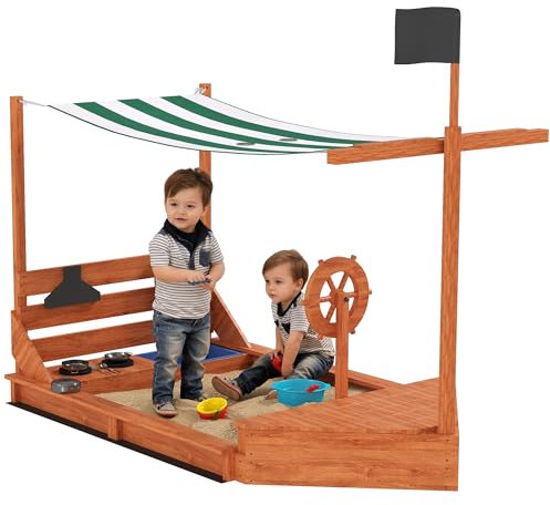 Outsunny Sandkasten Sandkiste groß mit Abdeckung im Schiff Design Matschekiste aus Holz Segelschiff Spielhaus mit Küchenspielset Aufbewahrung für Kinder 3-7 Jahre Grün 180 x 103 x 144,5 cm