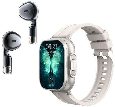 Smart Watch With Earbuds, 2inch Touch Screen Sports Watch, Bluetooth With Music, Answer & Make Call, Fitness Tracker Heart Rate & Sleep Monitor for IOS for Android (Silver)