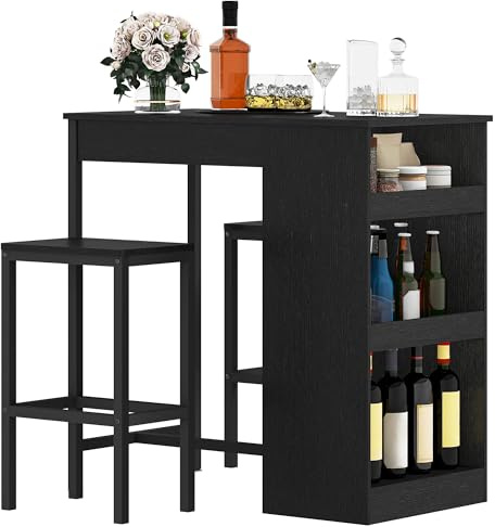 DWVO Breakfast Bar Table and Stools Set, Kitchen Breakfast Bar Table Set Storage Shelf for Kitchen Dining Room Pub Industrial Steel Frame Black