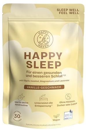 Happy Sleep Pulver - Besser schlafen ohne Melatonin - Natürliche Einschlafhilfe Erwachsene - Mit Magnesium, Lavendel-Extrakt, Glycin & Inositol - 30 Portionen - Zuckerfrei - Vegan - Vanille-Geschmack