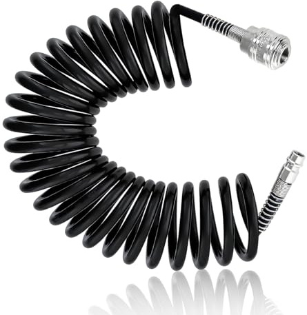 TIANLIN 5M PU Air Compressor Hose Black, with 1/4 Quick Connect Fittings, Coiled Air Line Hose 6.5mm x 10mm (Max Pressure 10 Bar) for Compressor