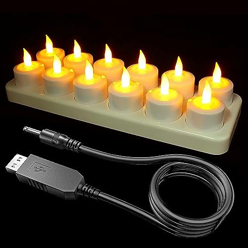 Rechargeable LED Candles, 12pcs Flameless Rechargeable USB Tea Lights Candles Battery Operated with Charging Station and USB Cable for Home Room Party Halloween Christmas Decor(No Remote)