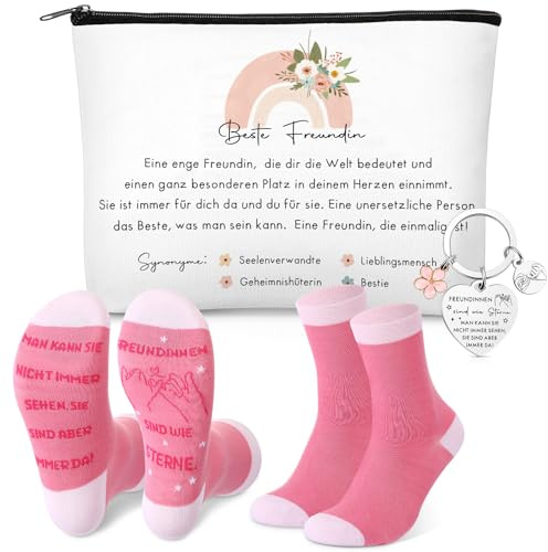 Sinmoe 3 Geschenke für Die Beste Freundin Freundschaft Geschenkset | Kosmetiktasche mit Reißverschluss, Herzförmiger Schlüsselanhänger, Freundschaftssocken, für Weihnachten und Geburtstag
