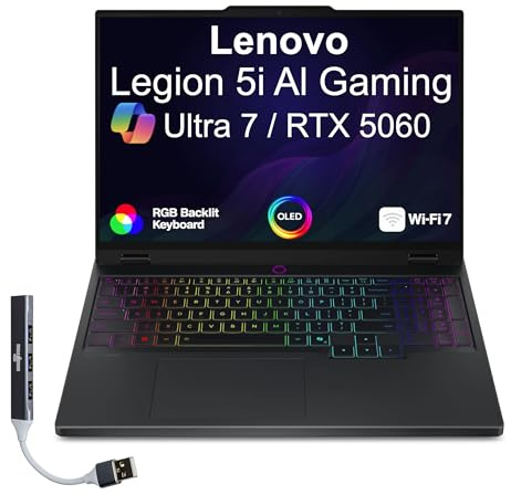 Lenovo Legion 5i AI Gaming Laptop 15.1 OLED WQXGA Display (Intel Core Ultra 7 255HX, 16GB DDR5, 2TB PCIe SSD, GeForce RTX 5060, RGB KB, Thunderbolt 4, Win 11 Home) w/DKZ USB Port Expander