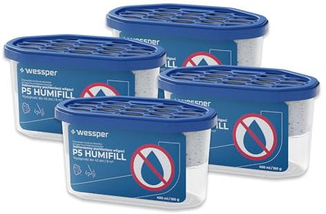 Wessper Luftentfeuchter Ohne Strom, Raumentfeuchter mit Granulat 400 ml, Entfeuchter für Räume bis zu 9 m² reduziert Feuchtigkeit und Schimmel- 4 Stück