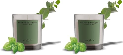 Jean & Len Scented Candle Basil Mint & Eucalyptus, hergestellt mit Sheabutter, Brenndauer ca. 40 Stunden, minimalistisches Design, erfrischender Duft, vegan, 195 g (Packung mit 2)