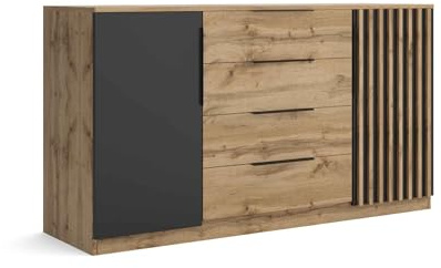Masseno Kommode ZENO 160 cm Sideboard mit 4 Schubladen und 2 Türen für Wohnzimmer Schlafzimmer Modern 160x44x89 cm Eiche Wotan/Eiche Wotan
