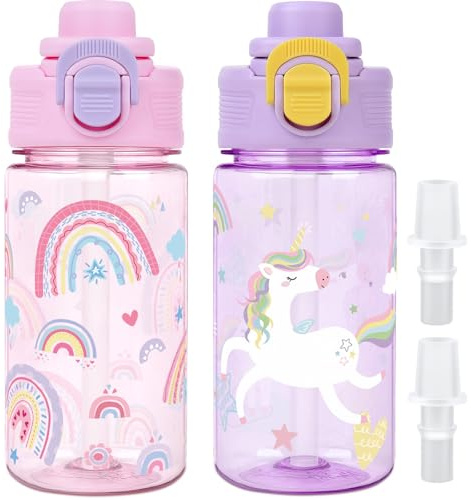 omedecal 380ml Kids Water Bottles with Straw, Rainbow & Purple Unicorn | Boys Girls Leakproof Water Bottle with Bite-to-Sip Spout, Secure Lock and Carry Handle · Bpa-Free for Kids Sports School