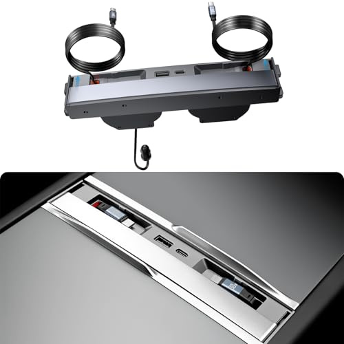YONZEE Hub USB 4 in 1 per Tesla Model Y Juniper 2026 2025 e Model 3 Highland 2024-2026, ricarica rapida da 65 W, docking station per console centrale con 2 cavi retrattili da 1 m e 2 porte USB