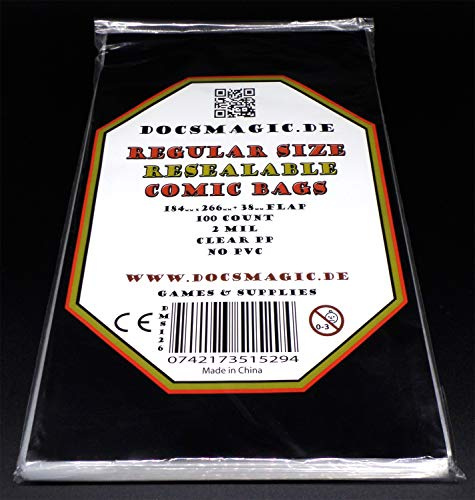 docsmagic.de 100 Resealable Regular Size Comic Bags 184 x 266-2 Mil - Hüllen mit Lasche - Wiederverschließbar