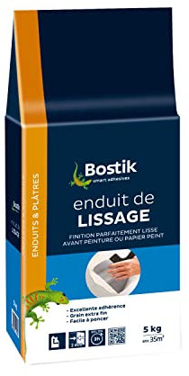 Bostik Enduit de Lissage Poudre, Lisse et Masque jusqu'à 2mm, Facile à Poncer, Tous Supports, Usage Intérieur, Blanc, Sac de 5 kg