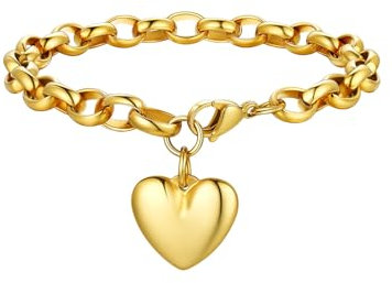 Bandmax Damen Armband 22cm Herz Kette Gold Edelstahl Armband mit Herz Gliederarmband für Mädchen und Frauen