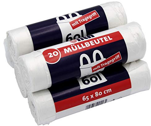 100 Müllbeutel/Mülltüten mit Tragegriff, 60 Liter, 20 Stück pro Rolle, Reißfest & Flüssigkeitsdicht, Produkt & Verpackung recyclebar (5er Pack)