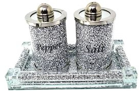 Bling crushed crystal salt and pepper set with tray