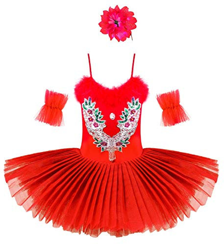 TiaoBug Mädchen Ballettkleidung 3tlg.Set Ballettkleid+Handschuhe+Haarband Kinder Ballettanzug Ballett Trikot Tanz Kostüm Tütü Kleid 104 110 116 122 128 140 152 Rot Pailletten 158-164