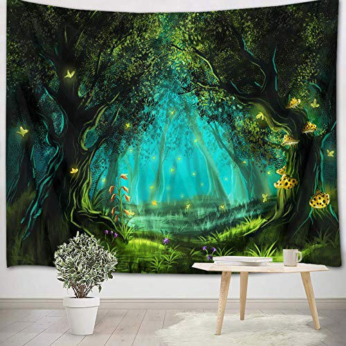 LB Wandteppich Zauberwald Wandtuch Grüne Bäume Wandbehang Landschaft Tapisserie für Wohnzimmer Schlafzimmer Wohnheim Wanddeko,235x180cm