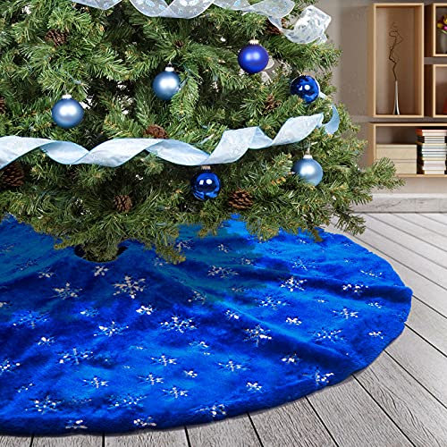 DecroXmas Jupe de Sapin de Noël 78 cm Fourrure Artificielle Bleue et Flocon de Neige Paillettes Argent Base de Coussin de Sapin Décoration de Fête du Nouvel an