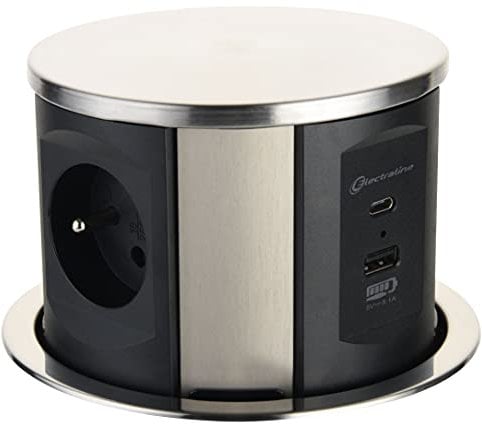 Electraline 35446 Steckdosenleiste, versenkbar, Arbeitsplatte mit 3 16 A, französischer Standard + 2 3,1 A A + 1 USB Typ C 15,5 W, Einbausteckdose für Küche, Durchmesser 120 mm, 2 m, schwarz, vertikal