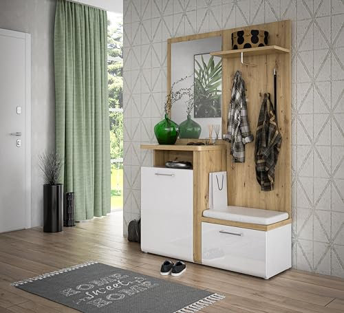 FORTE TULUZA Garderobenset 130, weißes Garderobenset mit 2 Türen, Garderobe, Flurschrank, Modern, Holzwerkstoff, Weiß/Artisan Eiche/Weiß Hochglanz, 128,8 cm breit x 201 cm hoch x 43,4 cm tief