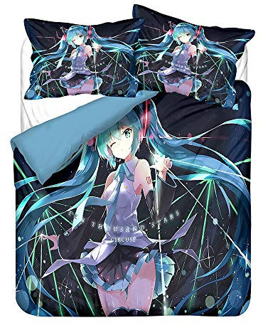 YuZong Hatsune Miku Bettwäsche aus weichem Polyester dreiteilig Anime-Bettbezug Kissenbezug Anime-Figuren Cartoon-Kinder Kinder Teenager Erwachsene