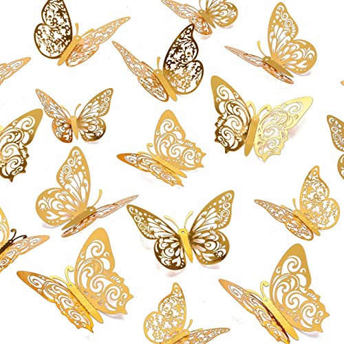 36 Pièces Décorations Papillon,3D Papillon Autocollants Peintures murales,pour la maison,la salle de bain,le salon,la chambre des filles,la décoration de fête(Doré)