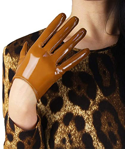 DooWay Kurze Lederhandschuhe für Damen, Wet-Optik, Handfläche, Lentgh, Kunstlack, PU, Abendkostüm, Cosplay, Party, Kleid, Handschuhe, Braun 16 cm, Braun 16 cm, 38