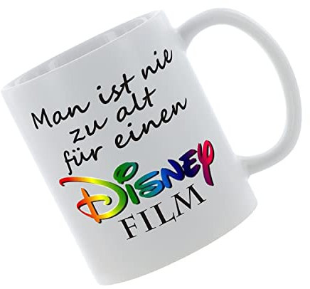 Crealuxe Kaffeetasse - Man ist nie zu alt für einen Disney Film - Spruchtasse, Bürotasse, bedruckte Keramiktasse, Tasse mit Spruch, Hochwertige Kaffeetasse (Weiß)