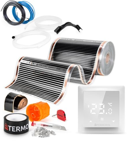 Termofol Elektrische Fußbodenheizung Heizfolie 230V - mit Thermostat H6 Weiß - Leistung 220 W/m2 - Oberfläche 5m² - Fussbodenheizung Elektrisch Komplettset fur Fußboden-, Wand- oder Deckenheizung