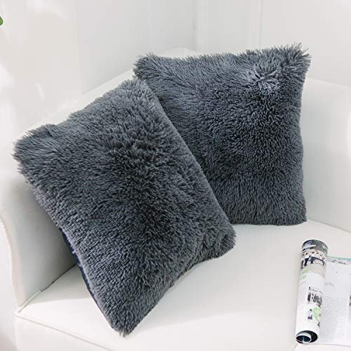 NordECO HOME 2er Set kissenbezüge 40x40 cm Kissen Dunkelgrau Künstlich Pelz Fellkissen Dekorative Deko Kissen Kuschelkissen Flauschig Sofakissen Weich für Sofa