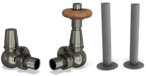 UK Radiators Pewter Thermostatic Radiator Valves and Corner Lockshield Valve - Matt Pewter Finish - Traditional Design 1/2 x 15mm Corner Radiator Valves with 130mm Pipe Sleeves