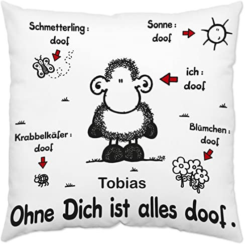 Kissen mit Spruch 'Ohne Dich ist Alles doof' mit Name Bedruckt | Dekokissen 40x40 cm Schaf für Kinder Mädchen und Jungen (weiß)
