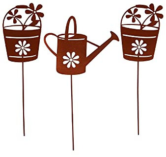 Gartenstecker Rost Gießkanne und Topf mit Blumen im 3er Set