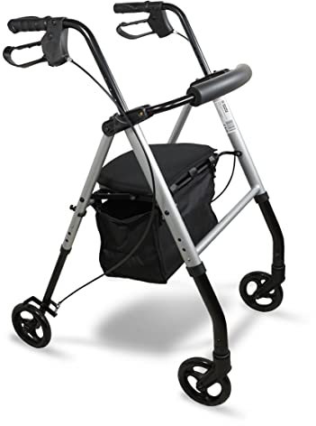 Aidapt Lightweight Folding Four Wheeled Rollator.6 Wheels,Ergonomic Handle Brakes,Parking Brake,Fabric Padded Seat,Shopping Bag,Height Adjustable Handles&Legs,Flip Up Backrest,Aid,Elderly,Mobility