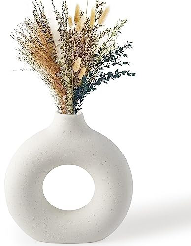 BASVII Donut Vase, Beige Keramik Vase, Matte Textur, Runde Moderne Pampasgras Vasen Deko Mit Stabiler Basis, Geeignet FüR Schlafzimmer, Fensterbank, Wohnzimmer, Deko Badezimmer Modern, Geschenk