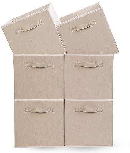 OVAKIA Pack of 6 Foldable Storage Box Cubes, 30x30x30cm Fabric Bins Basket for Clothes Toys, Sturdy Organizer with Handle, Beige