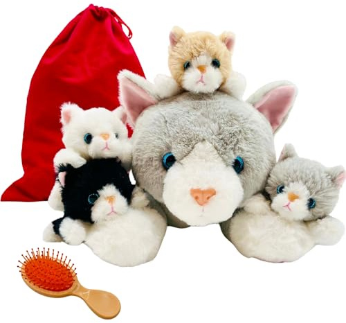 SMARTICA Soft toys for Girls Boys - Huggable Stuffed Animals for Kids - Soft Toy Set Mummy Dog Cat with 4 Cute Baby Puppies Kittens zipped in her Tummy - Cuddly Toy Pillows for girls – Birthday Gift