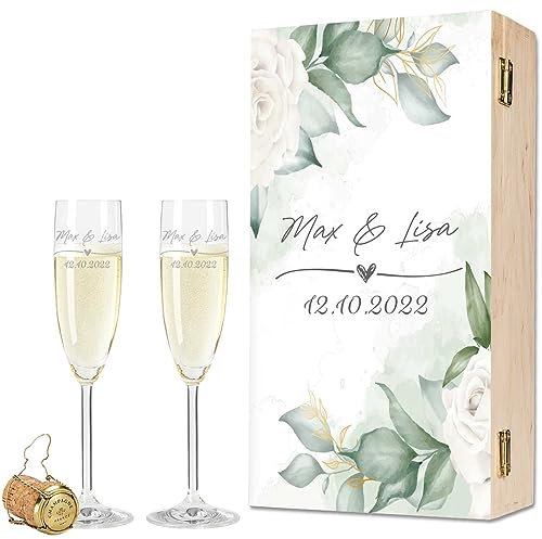 GRAVURZEILE Leonardo Sektgläser mit Gravur - Wedding Love Design - Personalisiert mit Namen & Datum inkl. Holzkiste - Geschenk zur Hochzeit, Verlobung oder Jahrestag - Farbe: Sekt Kiste UV