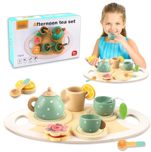 Juegos de Té Infantiles, 15 Pcs Cocina Juguete Madera con Postre Galleta, Juego de rol de Comida Juguete para Cocinita, Regalo de Cumpleaños Navidad para Niñas Niño Bebé 3 4 5 + Años