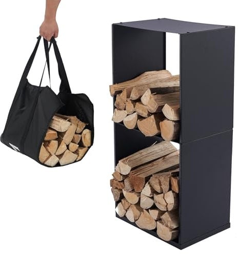 Lendo Online Kaminholzregal + Tragetasche - Innen & Außen - Feuerholzregal - Kaminholzständer - Brennholzregal - Schwarz - Metall (40x28x80cm)