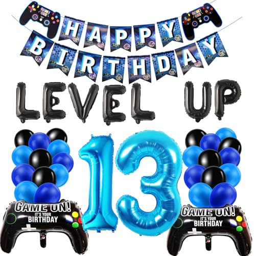 Gamer Geburtstagsdeko 13 jahre Junge, Geburtstag Deko Junge 13, Schwarz Blau Ballons 13 Luftballon Geburtsta Deko Set für Kinder Jungen Party Dekoration