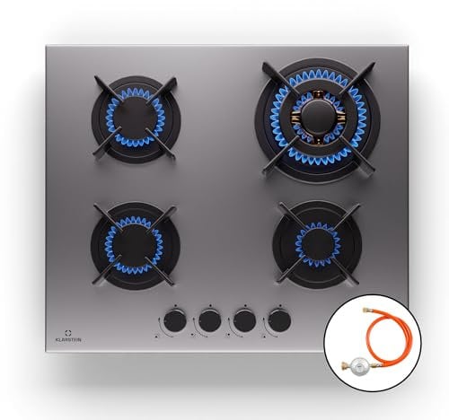 Klarstein Piano Cottura 4 Fuochi Gas, Piano Cottura a Gas Integrato 8000W, Piano Cottura 4 Fuochi Gas Incasso in Acciao Inox, Piano Cottura 4 Fuochi Gas per Wok, Piano Cottura a Gas 4 Fuochi