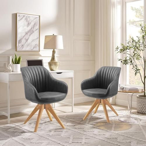 Zouron Lot de 2 Chaises Pivotantes avec Pieds en Bois - Salle à Manger, Cuisine, Salon, Bureau à Domicile - Simili Cuir Noir avec Accoudoirs