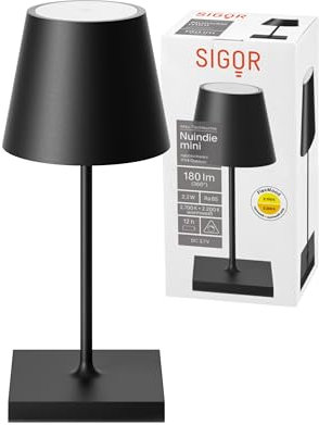 SIGOR Nuindie 2.0 mini - Dimmbare kleine LED Akku-Tischlampe Indoor & Outdoor, IP54 spritzwassergeschützt, Höhe 25 cm, aufladbar mit USB-C, 12 h Leuchtdauer, nachtschwarz